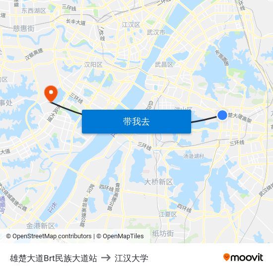 雄楚大道Brt民族大道站 to 江汉大学 map