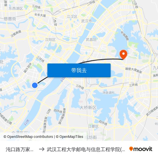 沌口路万家湖社区 to 武汉工程大学邮电与信息工程学院(邮科院校区) map