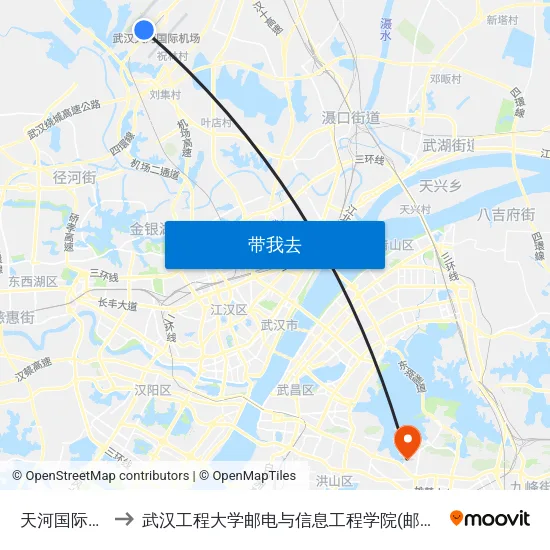 天河国际机场 to 武汉工程大学邮电与信息工程学院(邮科院校区) map