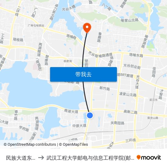 民族大道东山头 to 武汉工程大学邮电与信息工程学院(邮科院校区) map