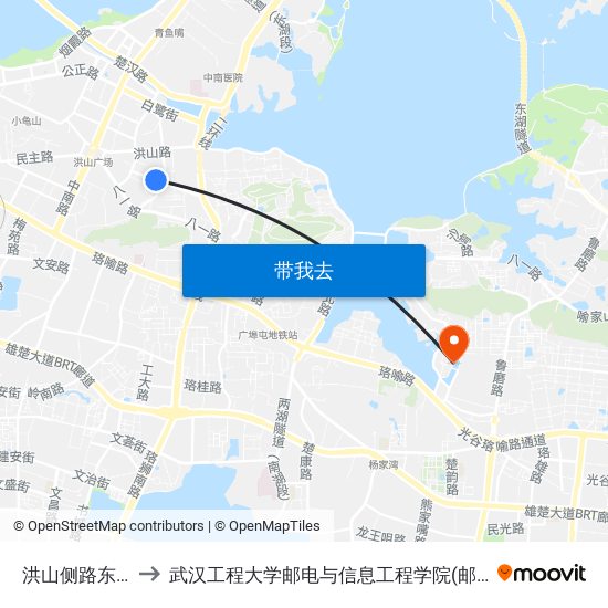 洪山侧路东三路 to 武汉工程大学邮电与信息工程学院(邮科院校区) map