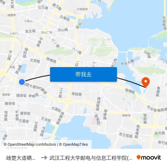 雄楚大道晒湖小区 to 武汉工程大学邮电与信息工程学院(邮科院校区) map