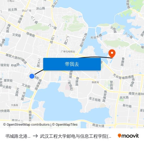 书城路北港春苑 to 武汉工程大学邮电与信息工程学院(邮科院校区) map