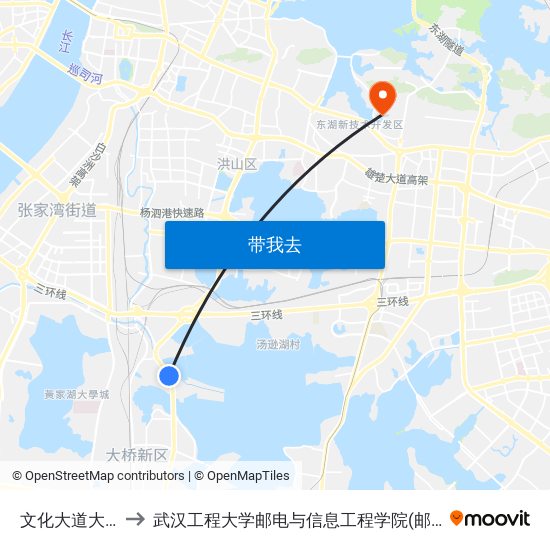 文化大道大港村 to 武汉工程大学邮电与信息工程学院(邮科院校区) map