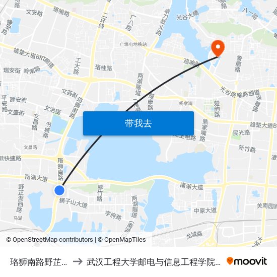 珞狮南路野芷湖大桥 to 武汉工程大学邮电与信息工程学院(邮科院校区) map