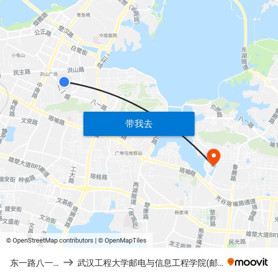 东一路八一路口 to 武汉工程大学邮电与信息工程学院(邮科院校区) map