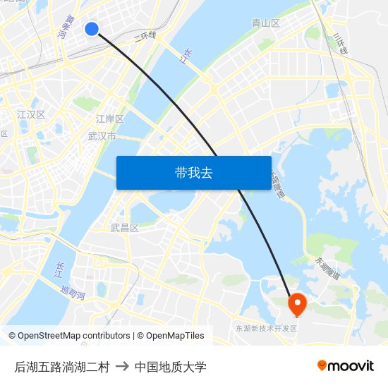 后湖五路淌湖二村 to 中国地质大学 map