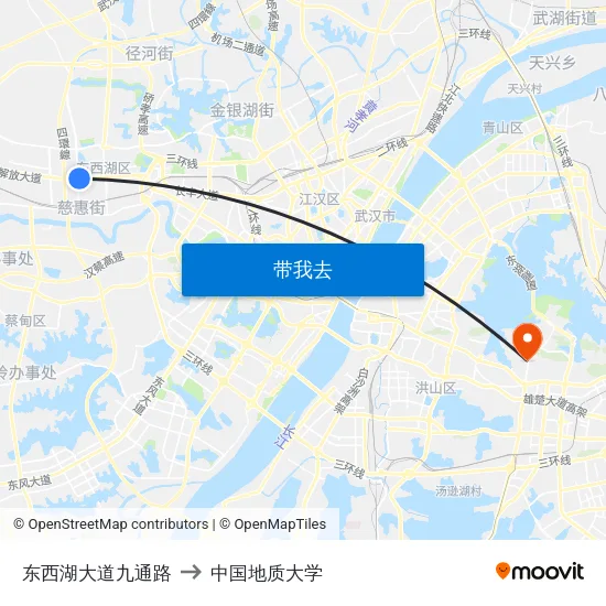 东西湖大道九通路 to 中国地质大学 map