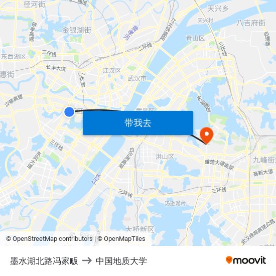 墨水湖北路冯家畈 to 中国地质大学 map