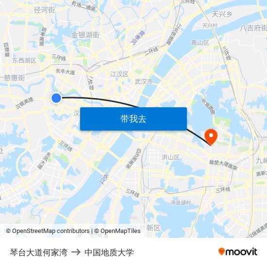 琴台大道何家湾 to 中国地质大学 map