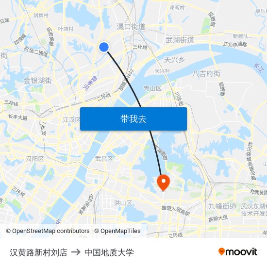 汉黄路新村刘店 to 中国地质大学 map