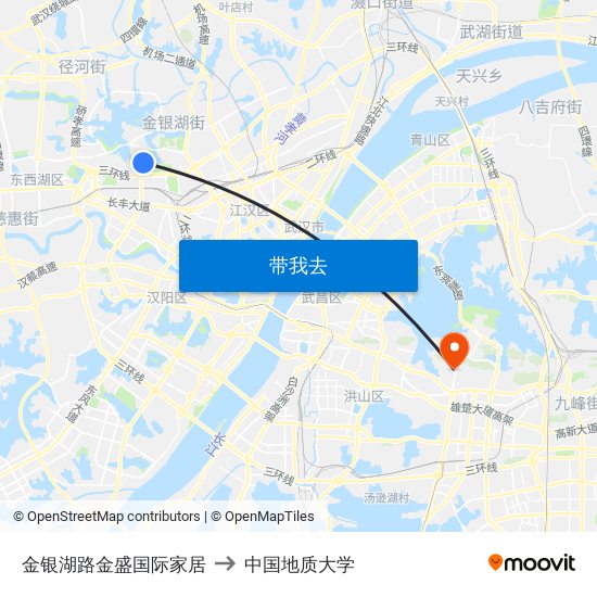 金银湖路金盛国际家居 to 中国地质大学 map