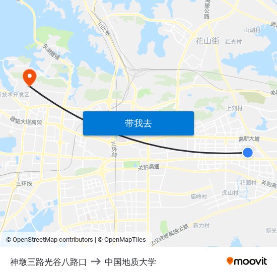 神墩三路光谷八路口 to 中国地质大学 map