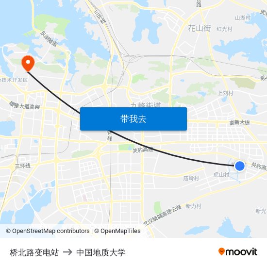 桥北路变电站 to 中国地质大学 map