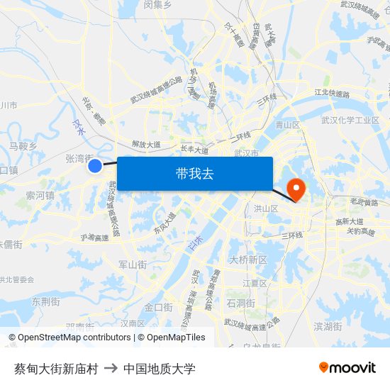 蔡甸大街新庙村 to 中国地质大学 map