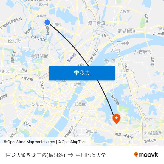 巨龙大道盘龙三路(临时站) to 中国地质大学 map