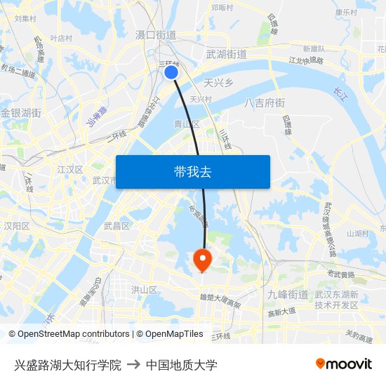兴盛路湖大知行学院 to 中国地质大学 map