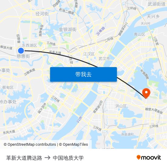 革新大道腾达路 to 中国地质大学 map