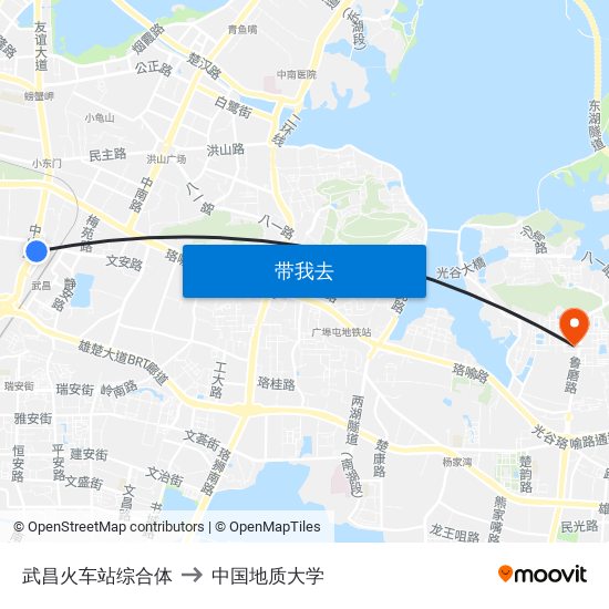 武昌火车站综合体 to 中国地质大学 map