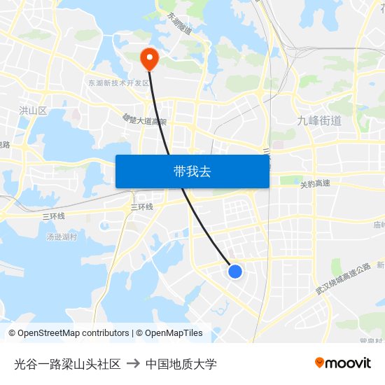 光谷一路梁山头社区 to 中国地质大学 map