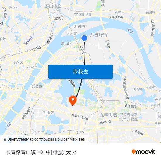 长青路青山镇 to 中国地质大学 map