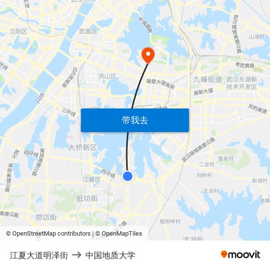 江夏大道明泽街 to 中国地质大学 map