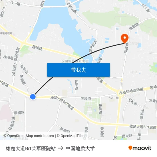 雄楚大道Brt荣军医院站 to 中国地质大学 map