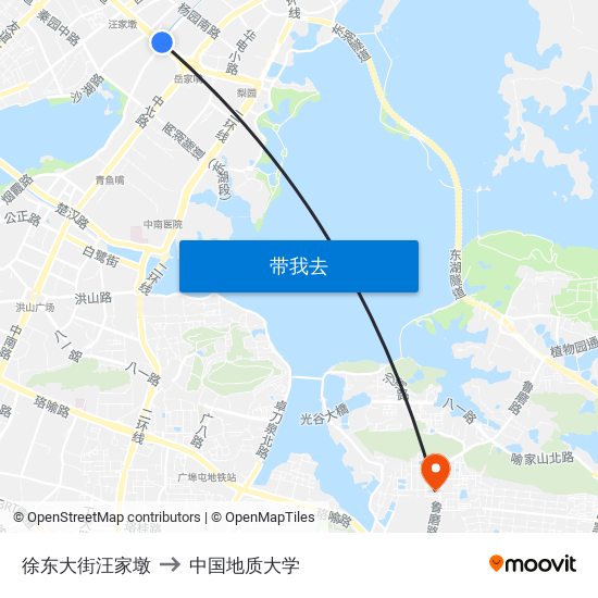 徐东大街汪家墩 to 中国地质大学 map