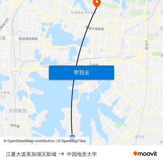 江夏大道美加湖滨新城 to 中国地质大学 map