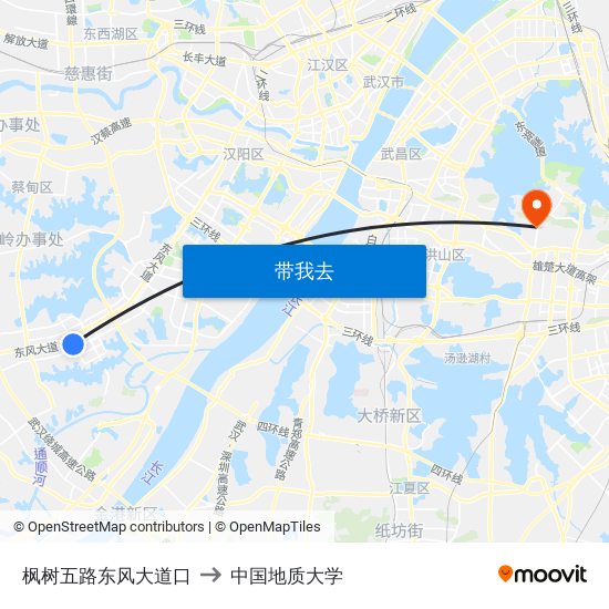 枫树五路东风大道口 to 中国地质大学 map