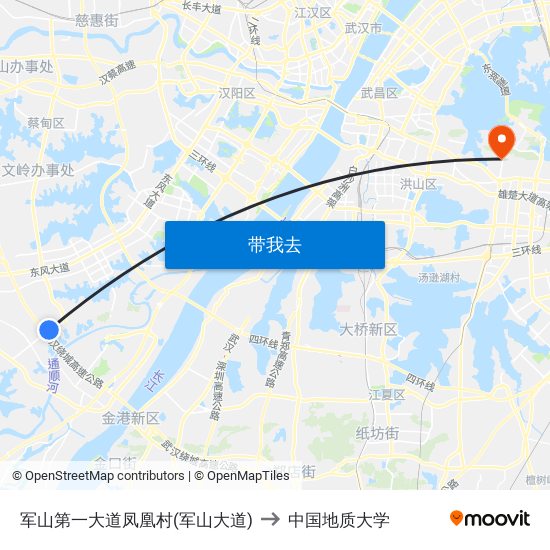 军山第一大道凤凰村(军山大道) to 中国地质大学 map
