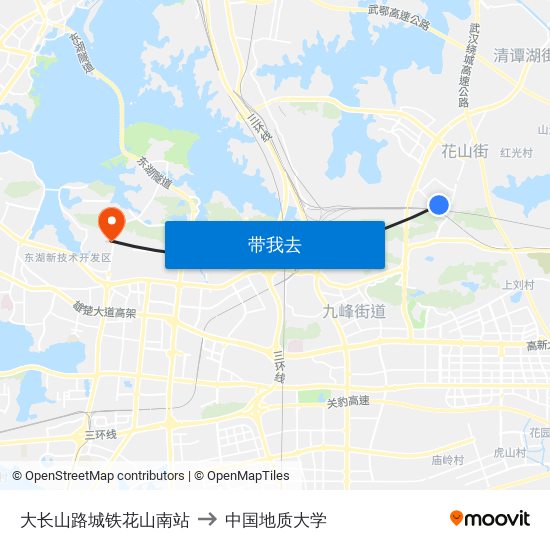 大长山路城铁花山南站 to 中国地质大学 map