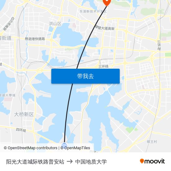 阳光大道城际铁路普安站 to 中国地质大学 map