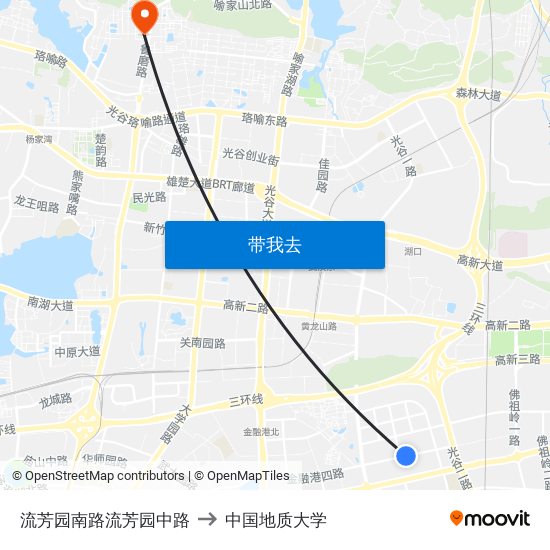 流芳园南路流芳园中路 to 中国地质大学 map