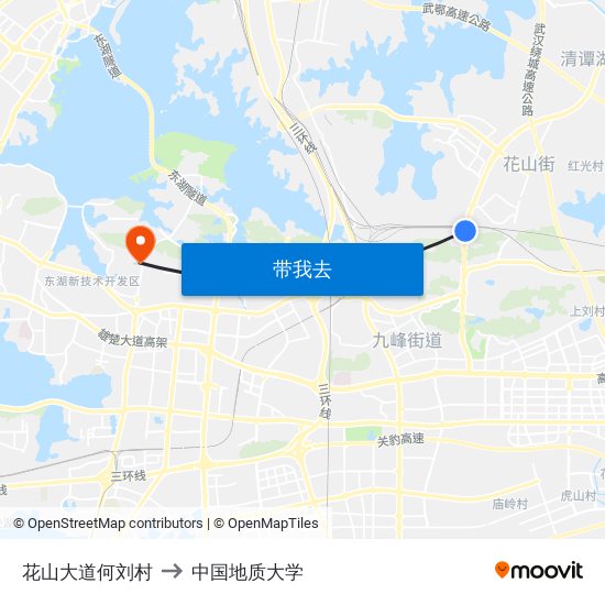 花山大道何刘村 to 中国地质大学 map