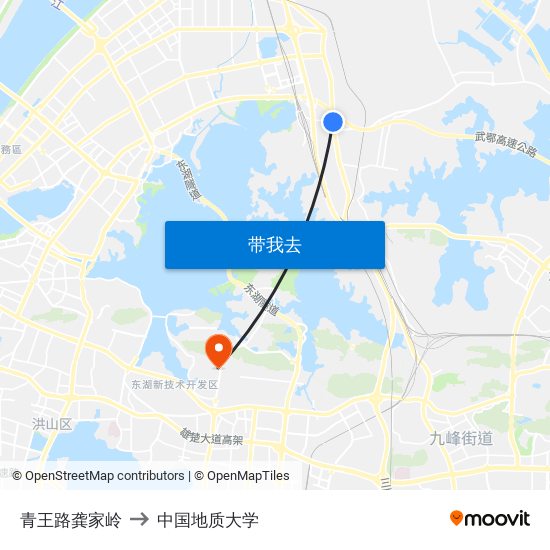 青王路龚家岭 to 中国地质大学 map