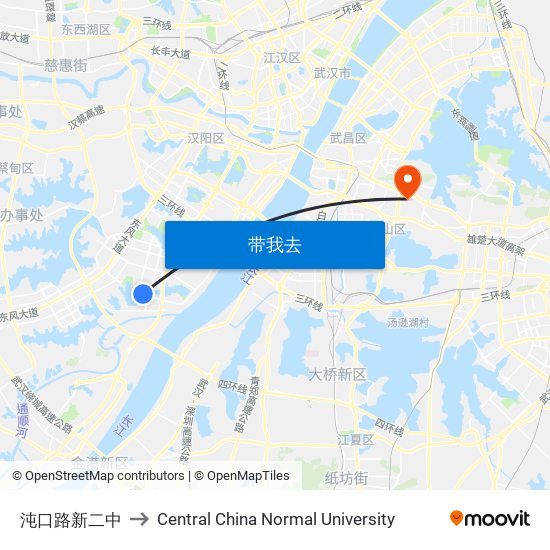 沌口路新二中 to Central China Normal University map