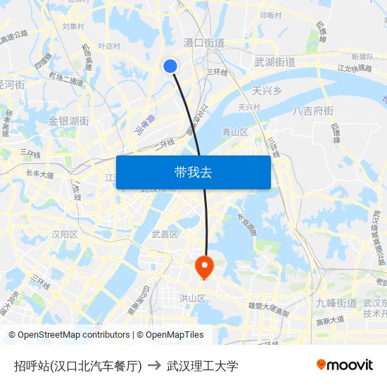 招呼站(汉口北汽车餐厅) to 武汉理工大学 map
