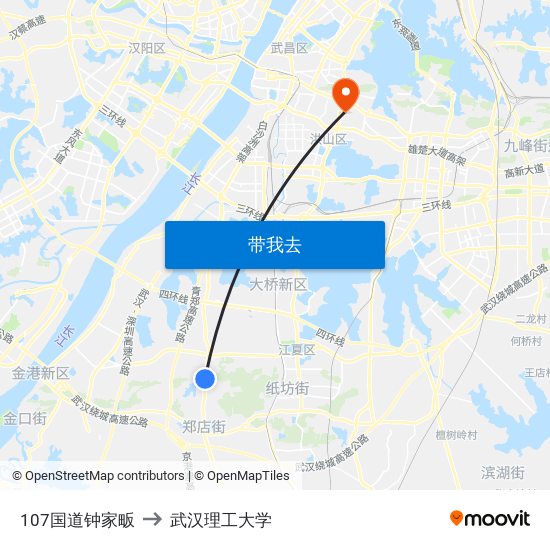 107国道钟家畈 to 武汉理工大学 map