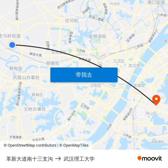 革新大道南十三支沟 to 武汉理工大学 map