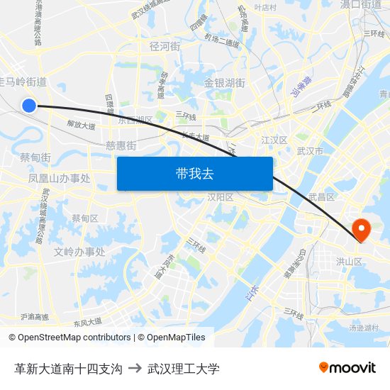 革新大道南十四支沟 to 武汉理工大学 map