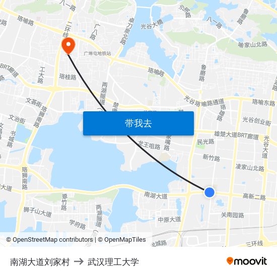 南湖大道刘家村 to 武汉理工大学 map