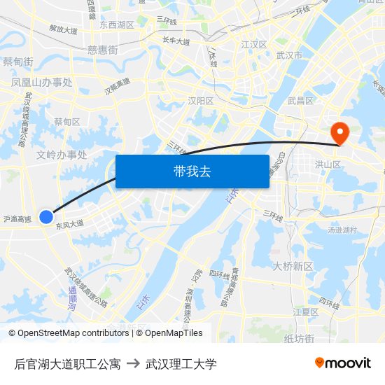 后官湖大道职工公寓 to 武汉理工大学 map