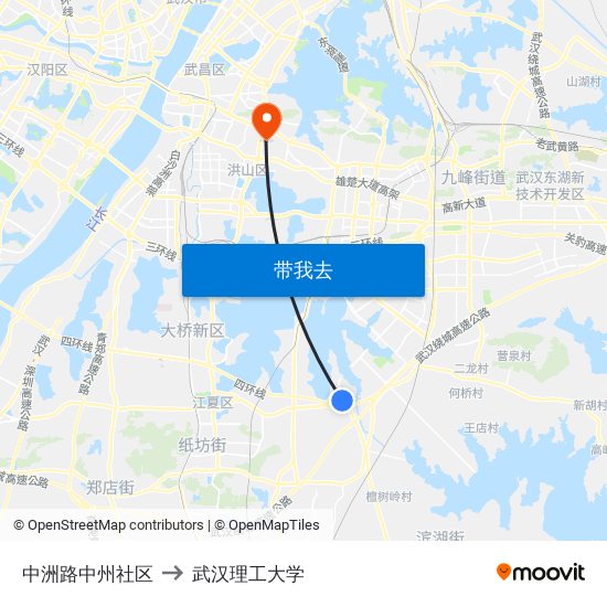 中洲路中州社区 to 武汉理工大学 map