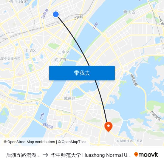 后湖五路淌湖二村 to 华中师范大学 Huazhong Normal University map