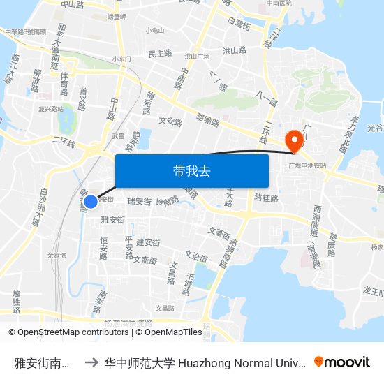 雅安街南湖路 to 华中师范大学 Huazhong Normal University map