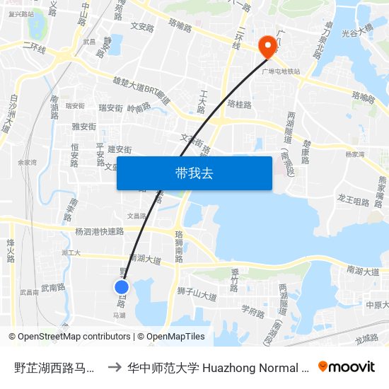 野芷湖西路马湖新区 to 华中师范大学 Huazhong Normal University map