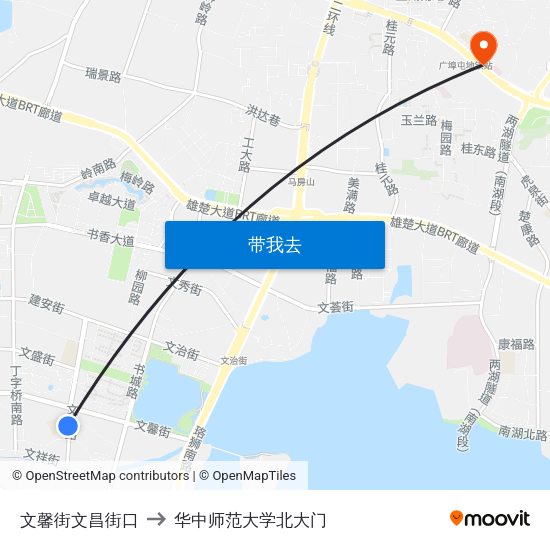 文馨街文昌街口 to 华中师范大学北大门 map