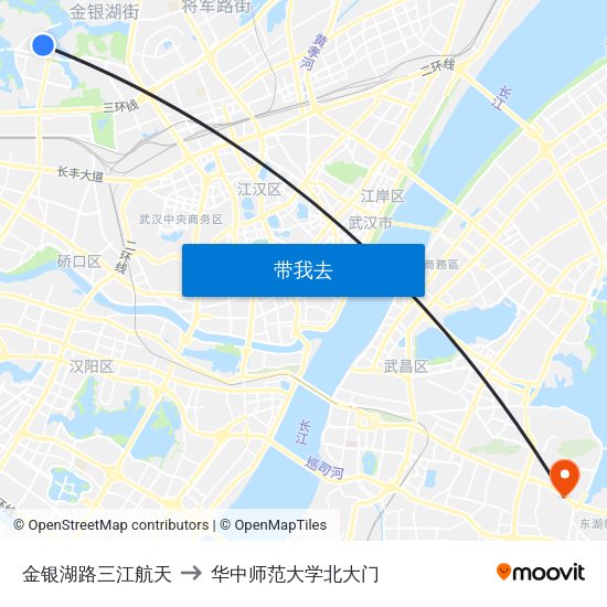 金银湖路三江航天 to 华中师范大学北大门 map