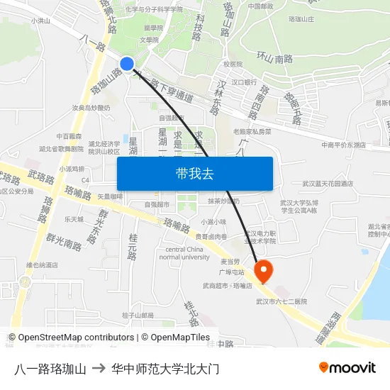八一路珞珈山 to 华中师范大学北大门 map